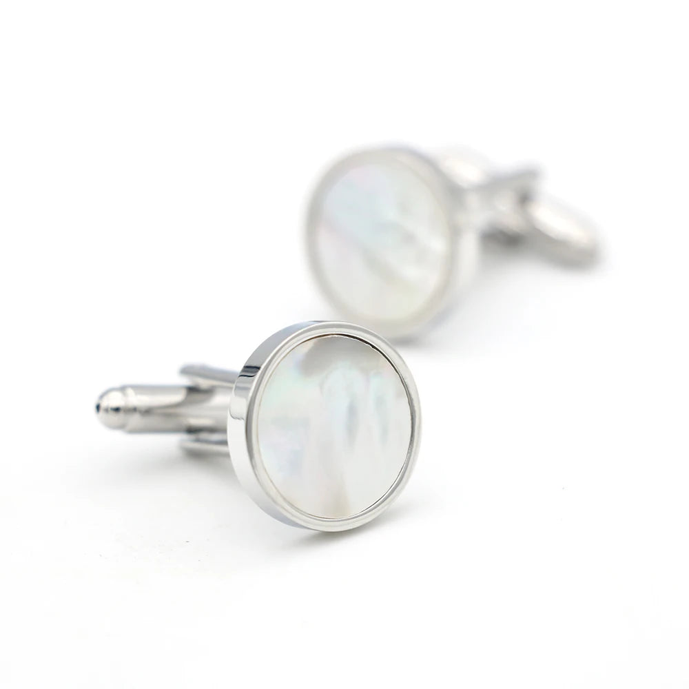 Weiße Muschel-Manschettenknöpfe – Runde Messing Cufflinks für Herren