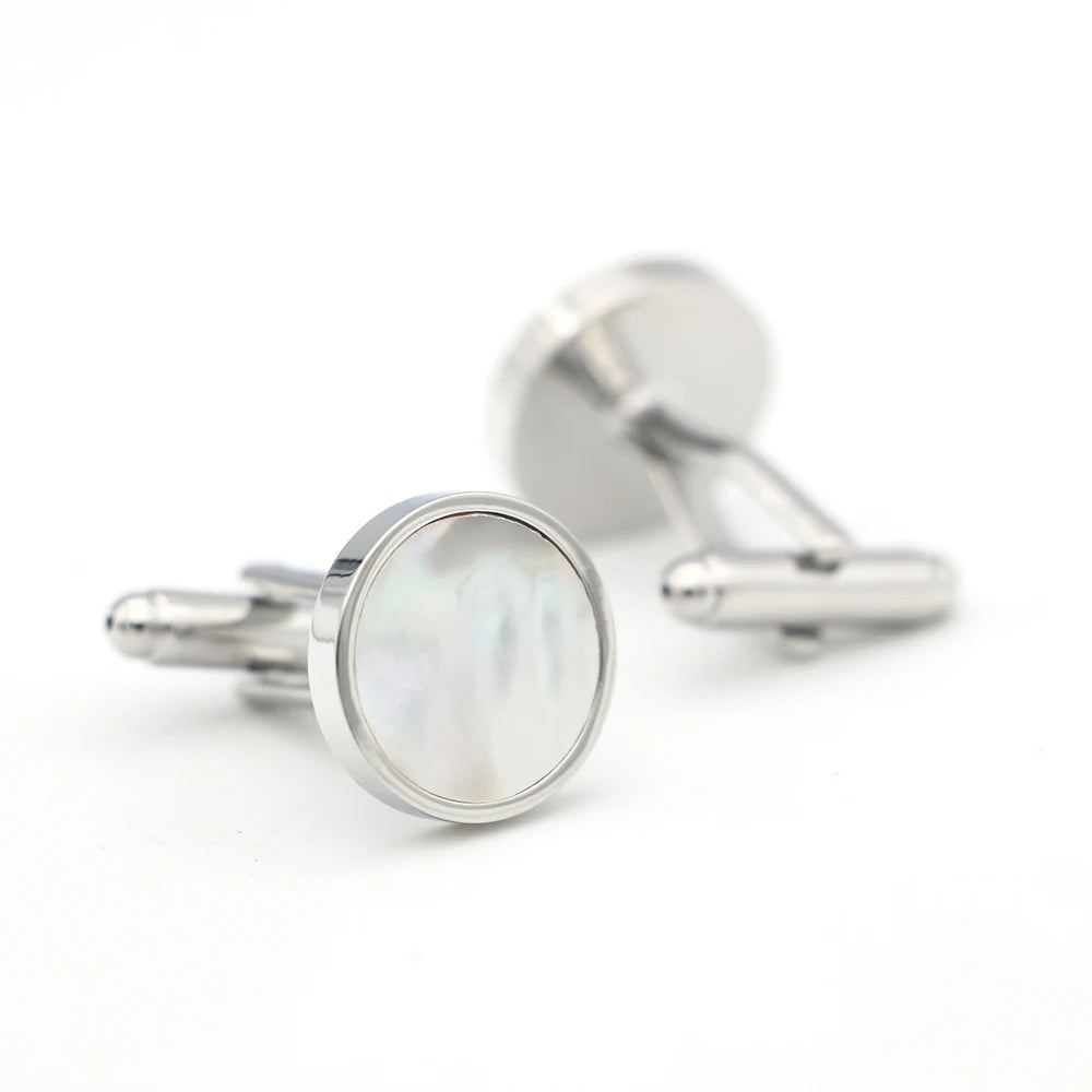 Weiße Muschel-Manschettenknöpfe – Runde Messing Cufflinks für Herren