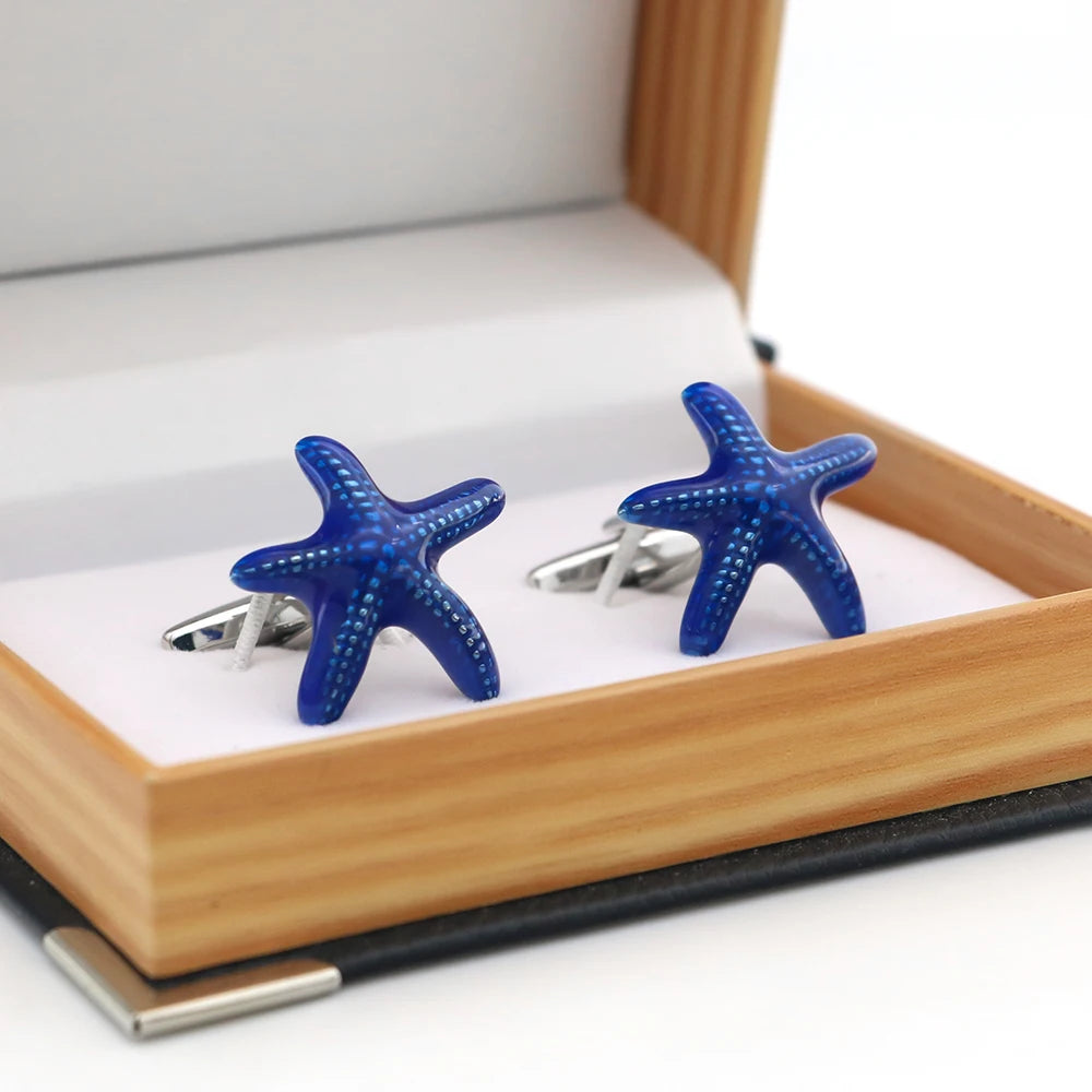 Blaue Seestern-Manschettenknöpfe – Messing Cufflinks im Meeresdesign