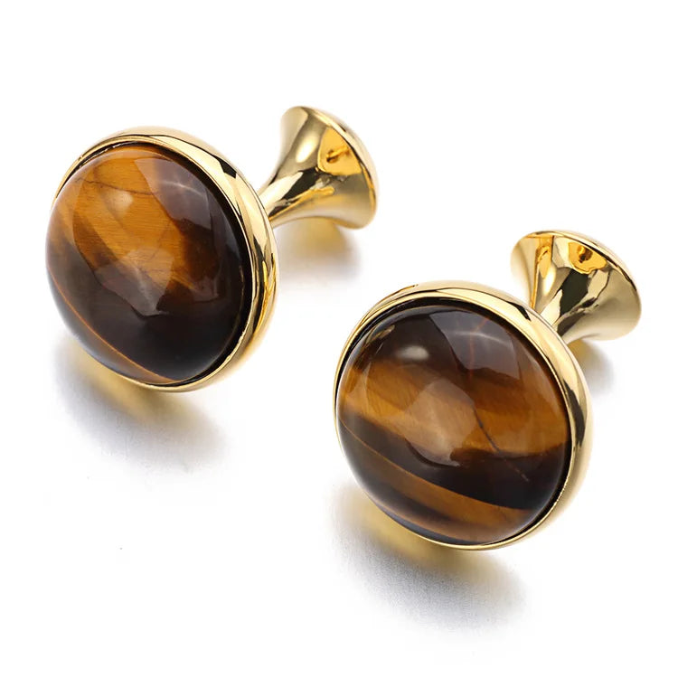 Tigerauge-Manschettenknöpfe – Goldfarbene Runde Cufflinks für Herren