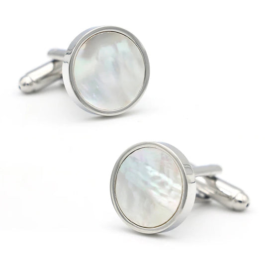 Weiße Muschel-Manschettenknöpfe – Runde Messing Cufflinks für Herren