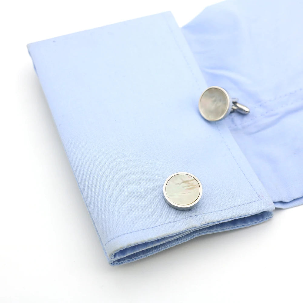 Weiße Muschel-Manschettenknöpfe – Runde Messing Cufflinks für Herren